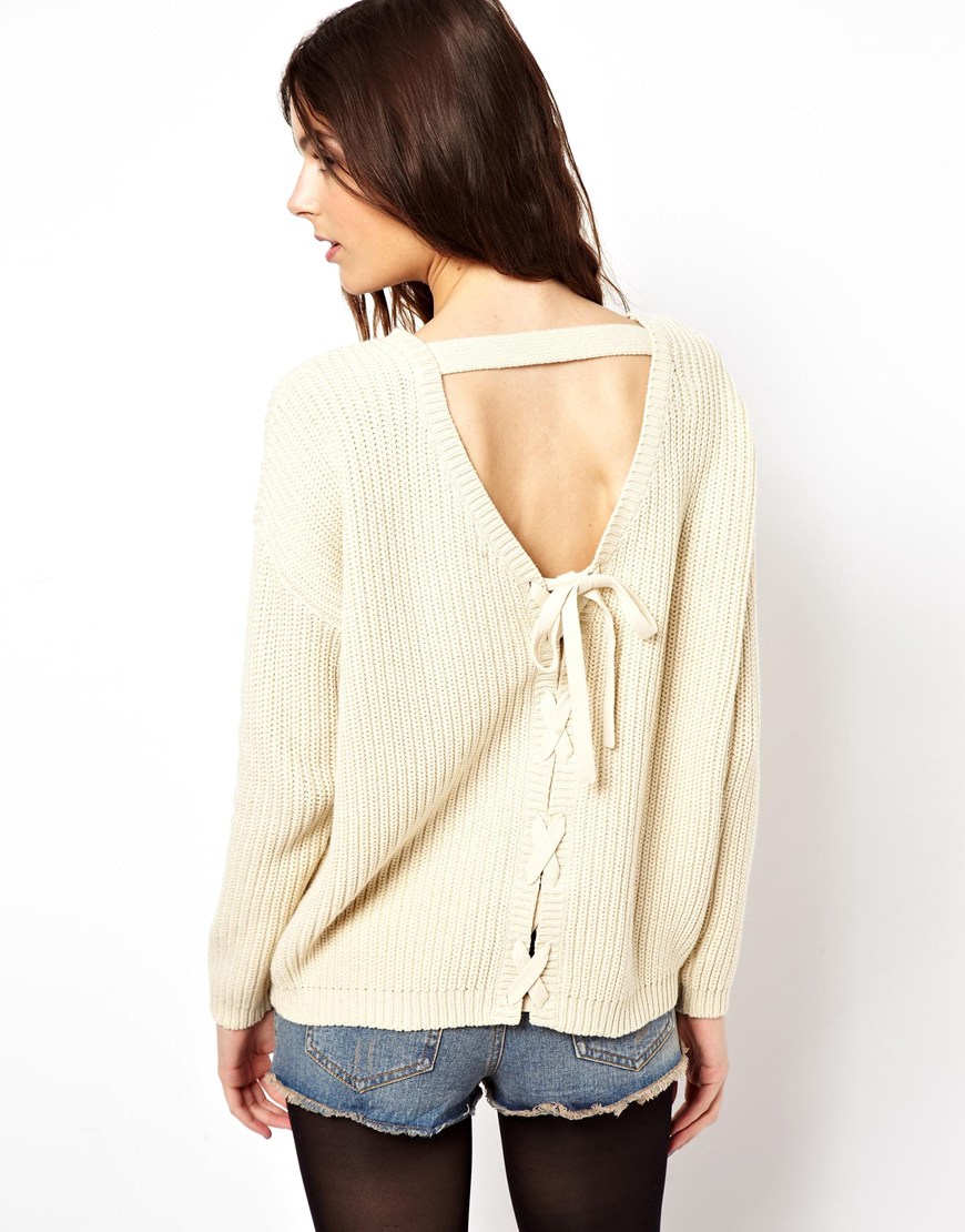 Asos Jumper with Lace Up Back Detail in Beige (Cream) Lyst