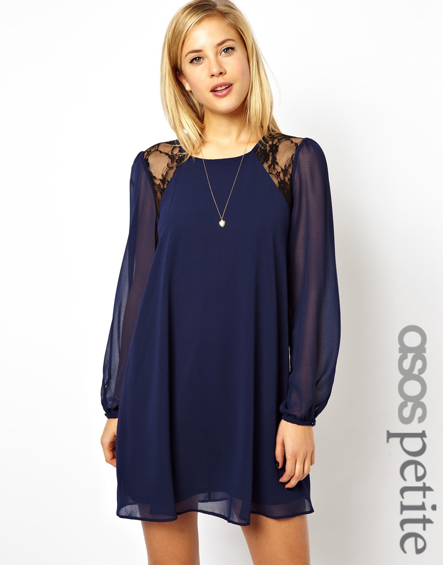 ASOS Petite Exclusive Lace Insert Shift Dress with Bell Sleeves in Blue ...