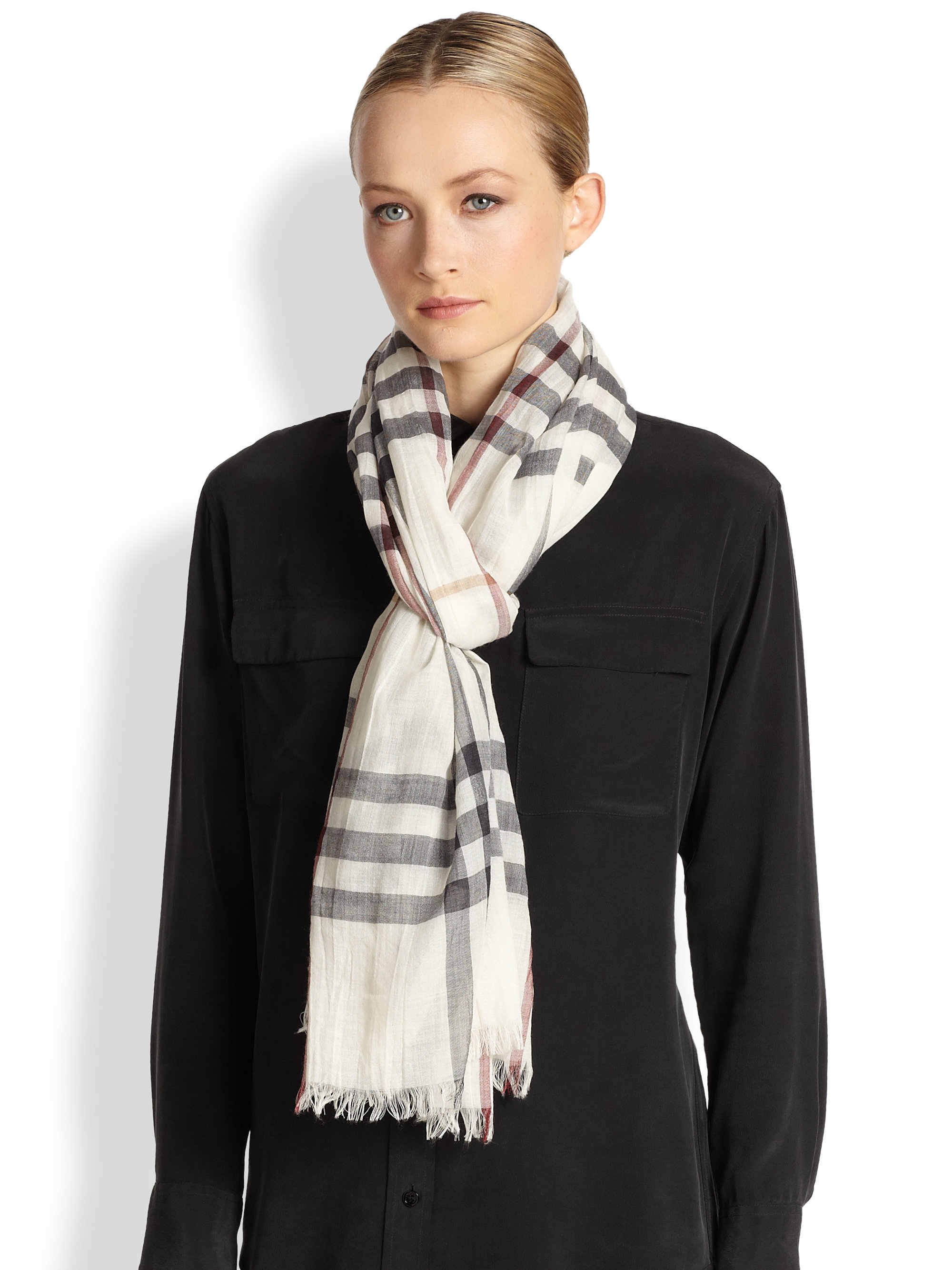 Burberry Wool Gauze Checked Scarf in Ivory (White) - Lyst