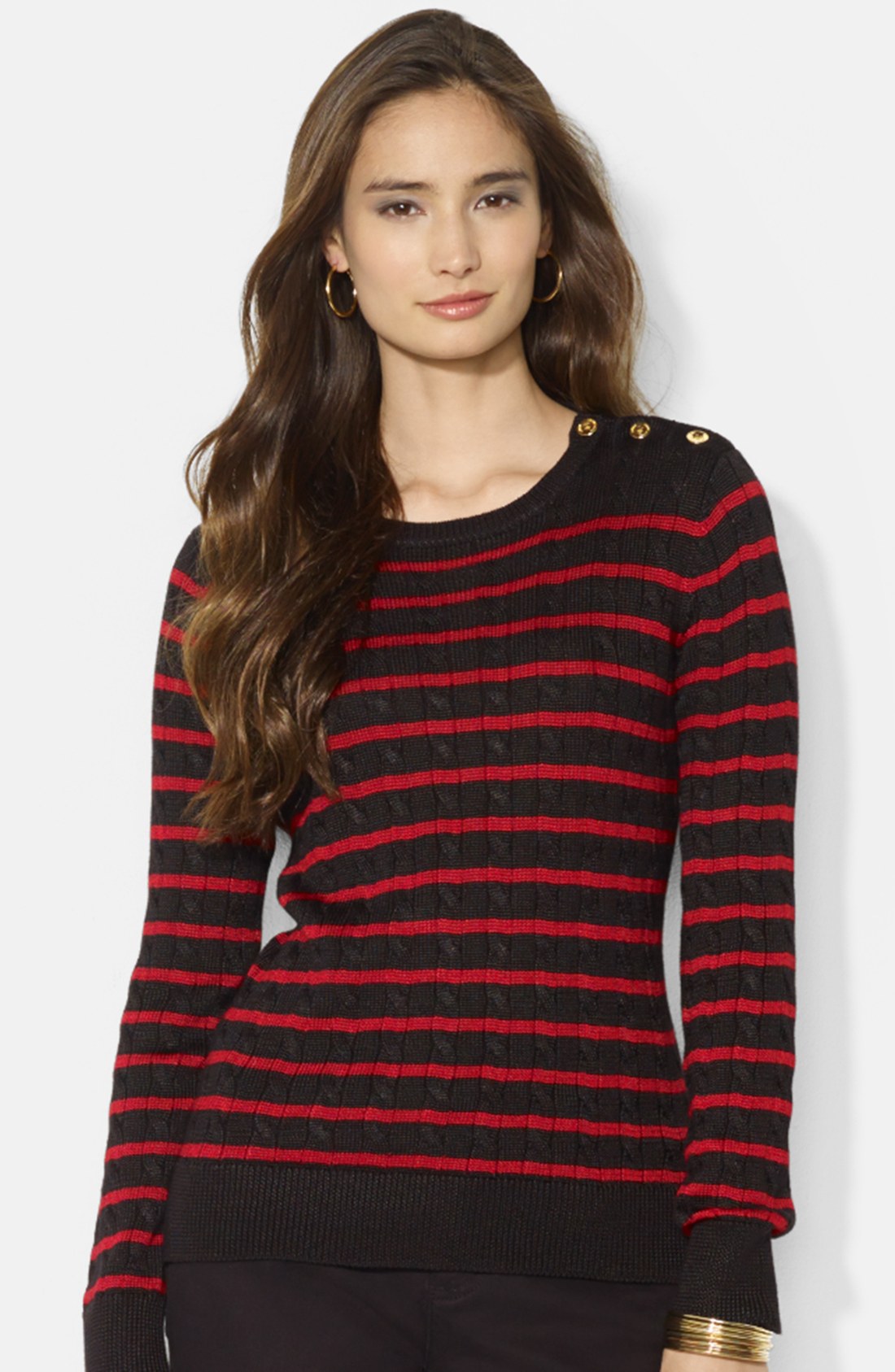Lauren By Ralph Lauren Stripe Cable Knit Crewneck Sweater in Red (Black/ Heritage Red) | Lyst
