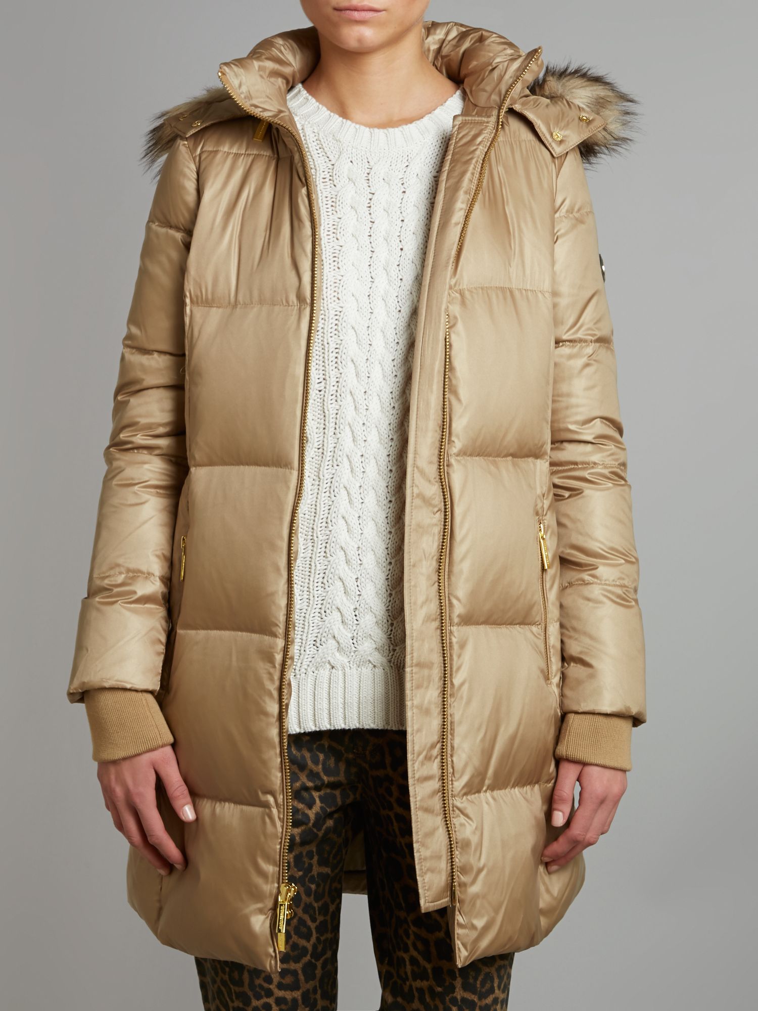 Michael kors Knee Length Padded Coat with Fur Hood in Natural Lyst