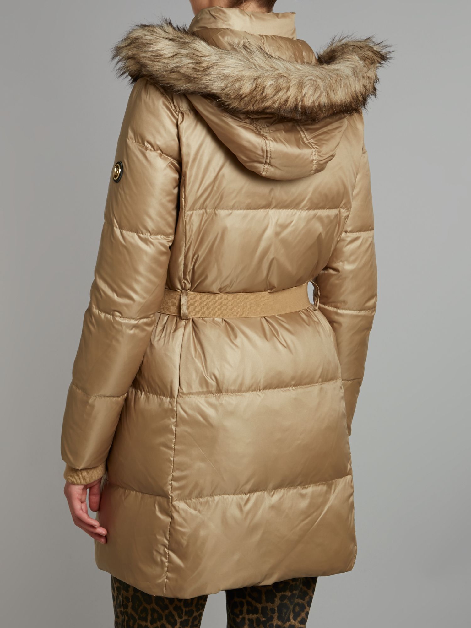 Michael kors Knee Length Padded Coat with Fur Hood in Natural Lyst