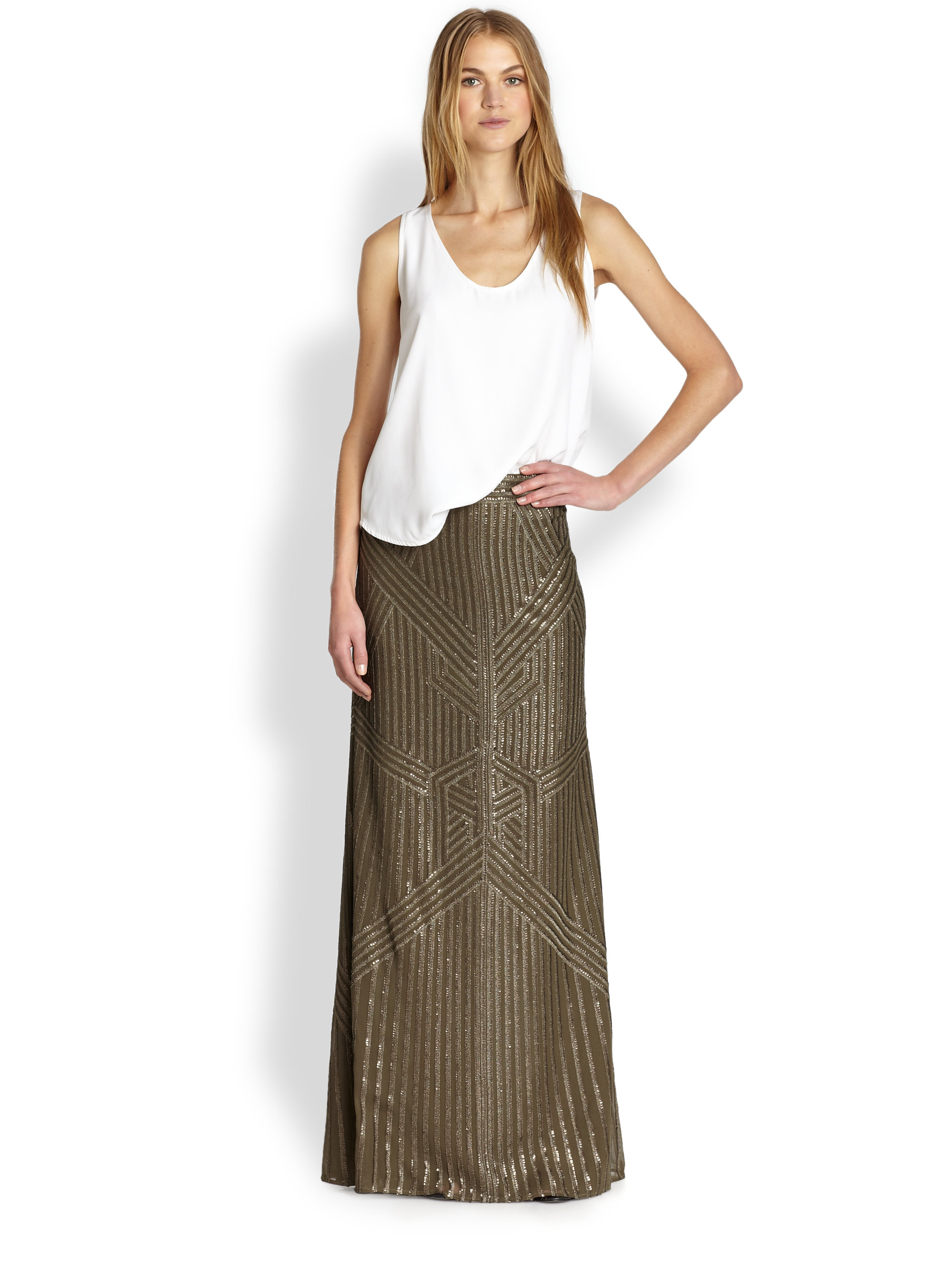 Rachel zoe Pearl Silk Georgette Sequined Maxi Skirt in Natural | Lyst