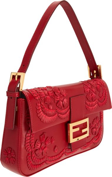 Fendi Stitched Leather Flowers Baguette Bag in Red | Lyst