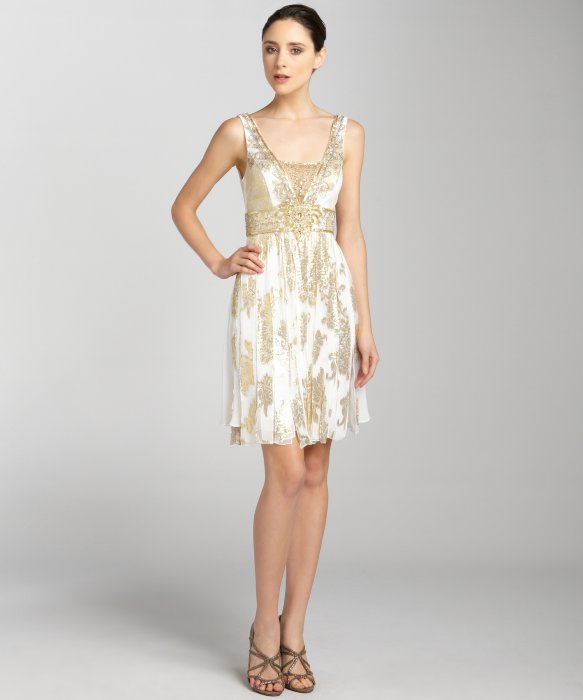 Lyst Sue Wong Ivory And Gold Embellished Sleeveless Dress In White Gallery