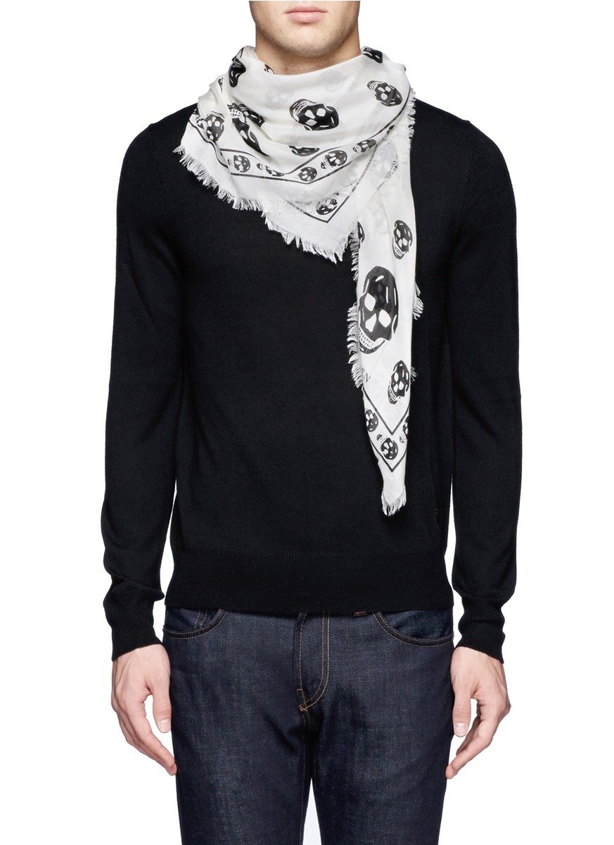 Alexander McQueen Men's Classic Silk Chiffon Skull Scarf in White