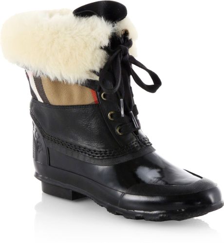 Burberry Danning Shearling-Cuff Lace-Up Boots in Black | Lyst