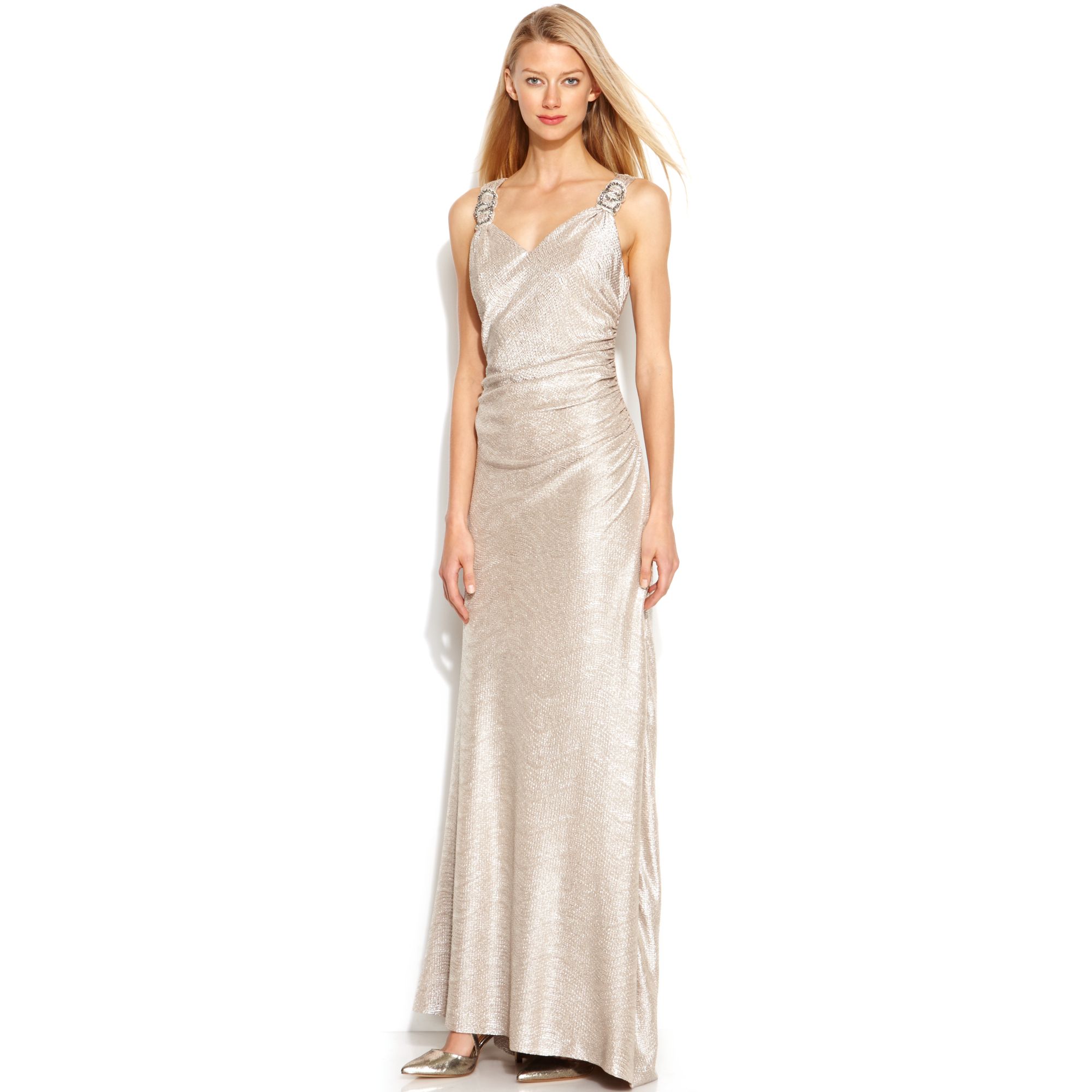 Lyst - Calvin Klein Beaded Metallic Gown in Metallic