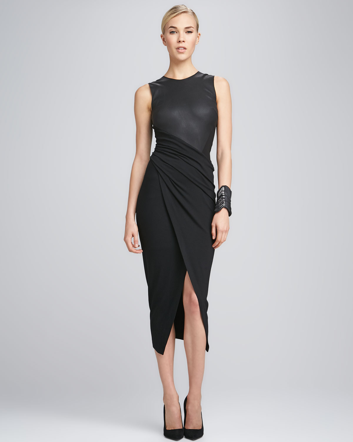 Lyst - Donna karan Sleeveless Leather Draped Jersey Dress in Black