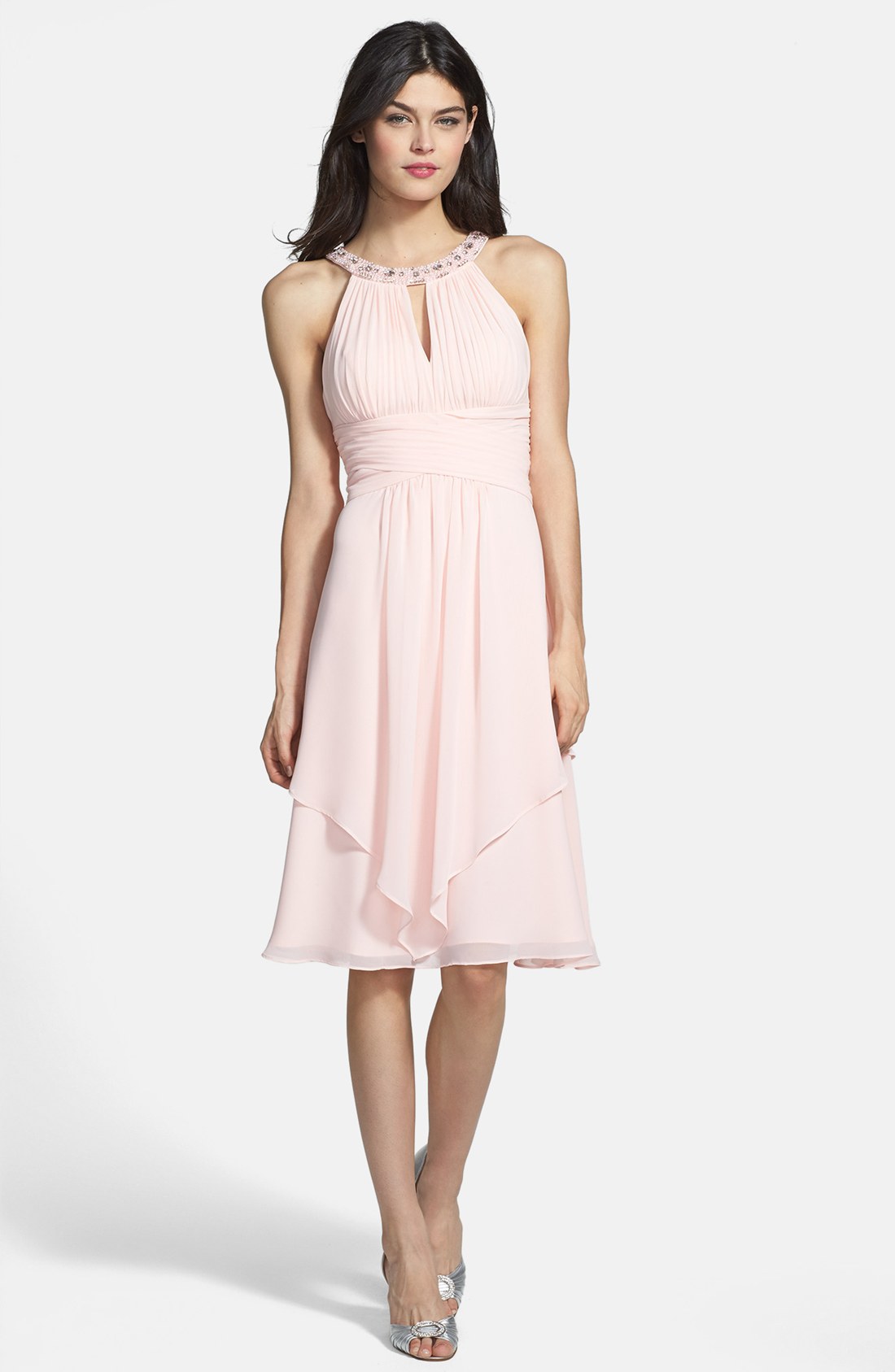 Eliza j Embellished Neck Layered Chiffon Fit Flare Dress in Pink | Lyst