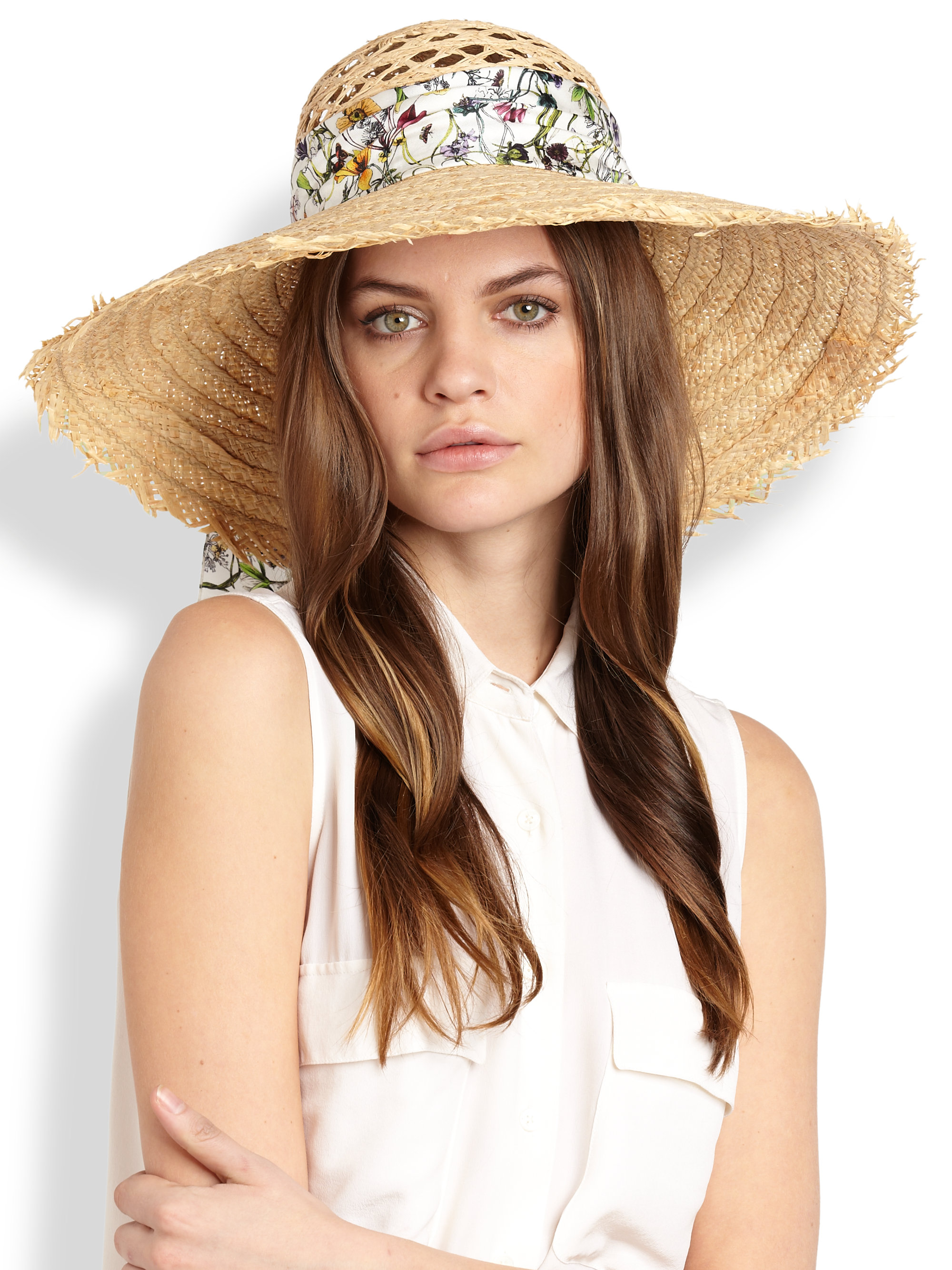 Gucci Floral Scarf Straw Hat in White - Lyst