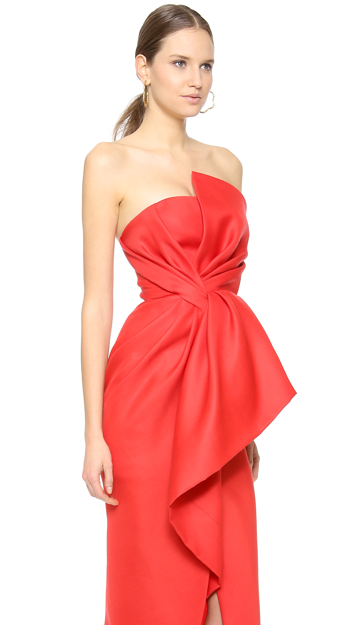 Lyst J Mendel Strapless Asymmetrical Peplum Gown In Red Gallery