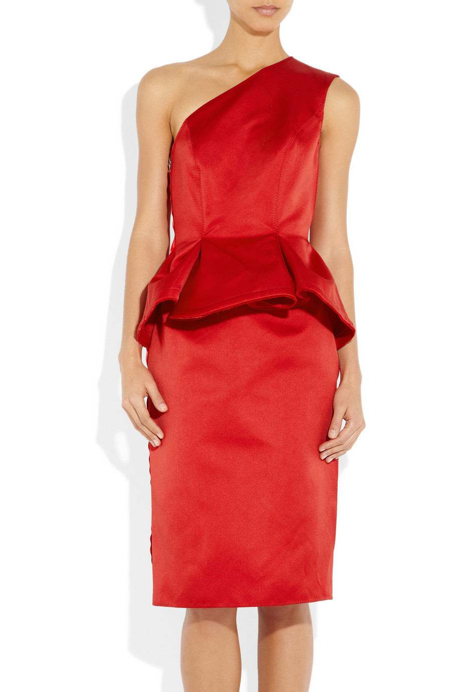 Lyst - Lanvin Satin One-shoulder Peplum Dress in Red