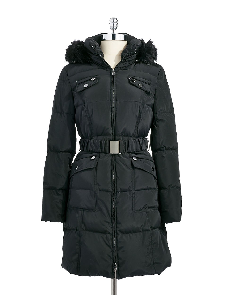 Laundry by shelli segal Hooded Down Jacket With Buckle Belt in Black | Lyst