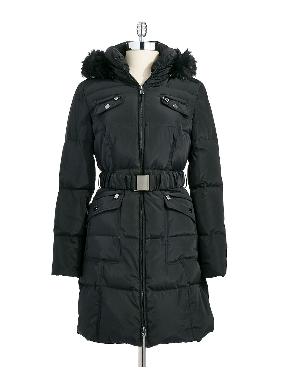 Laundry by shelli segal Hooded Down Jacket With Buckle Belt in Black Lyst