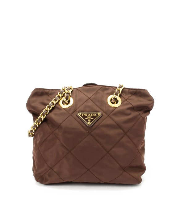 Prada Preowned Brown Quilted Nylon Double Chain Shoulder Bag in ...  