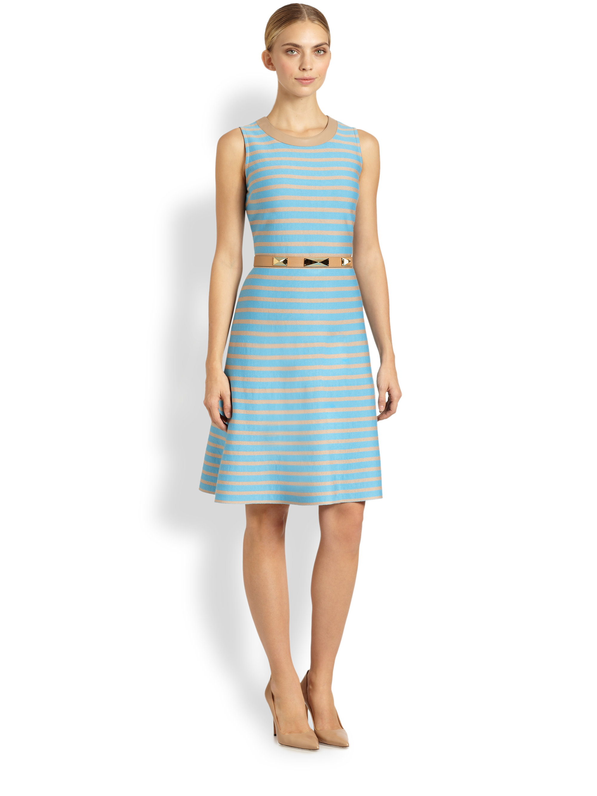 St. John Leather Trimmed Stripe Knit Dress Lyst