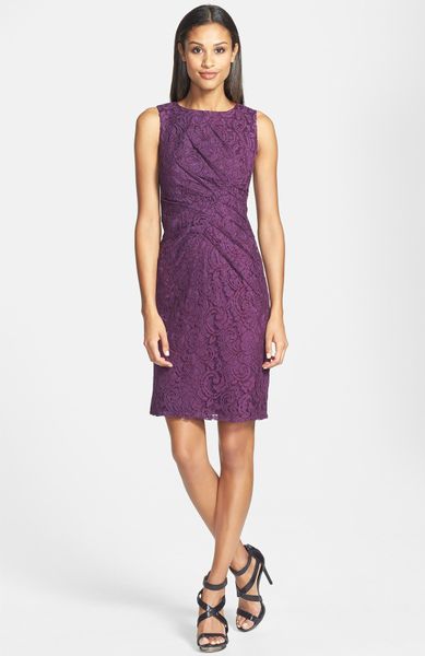 Adrianna Papell Sleeveless Pleated Lace Sheath Dress in Purple (Dusty ...