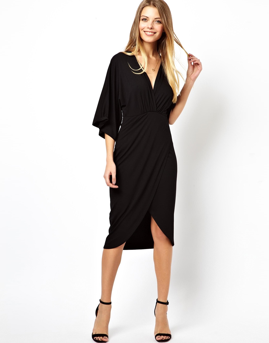 ASOS Midi Dress With Kimono Sleeve in Black | Lyst