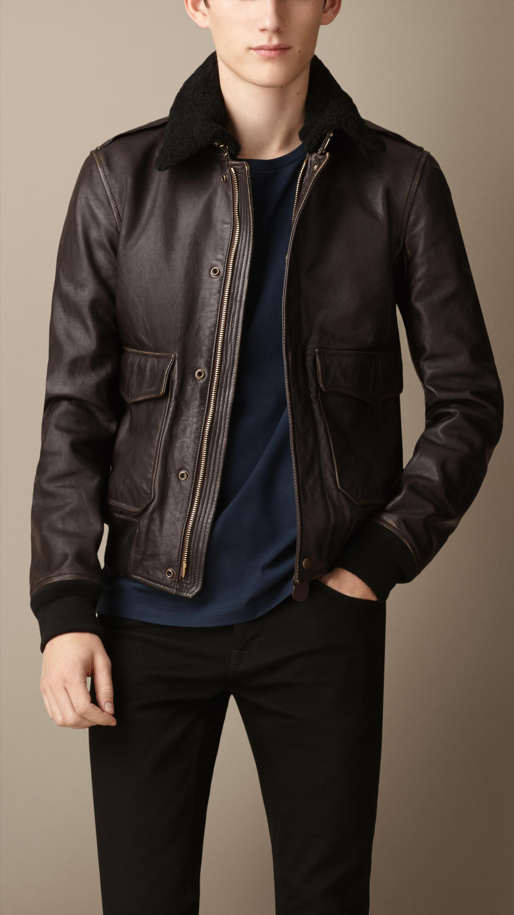 Men S Brown Leather Aviator Jacket With Shearling Collar