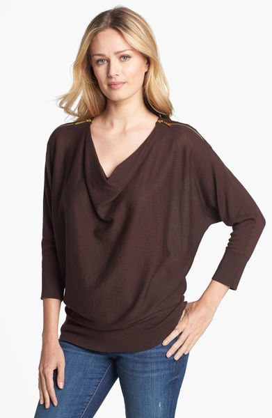 Michael Michael Kors Zip Shoulder Cowl Neck Sweater in Brown (Chocolate ...