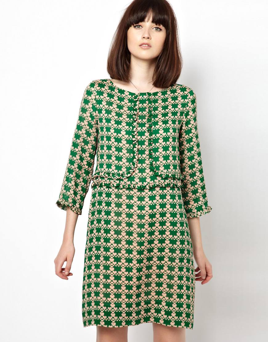 Orla Kiely Silk 60s Shift Dress in Houndstooth Heart Print in Green | Lyst