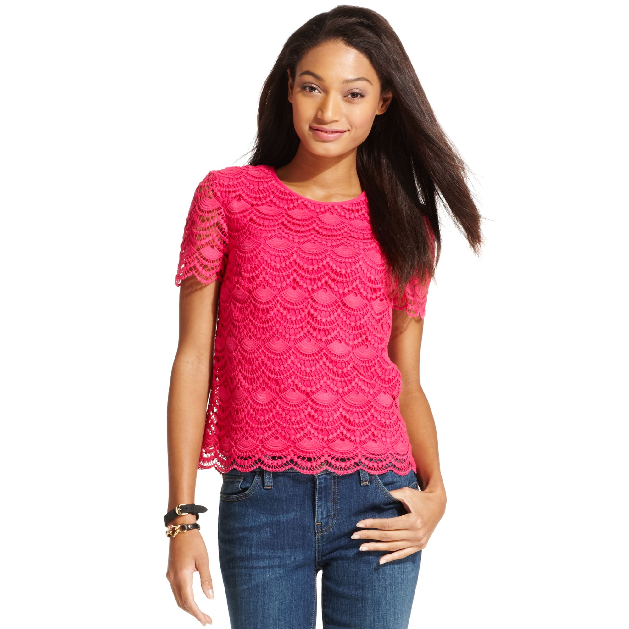 Tommy Hilfiger Short Sleeve Lace Top in Pink - Lyst