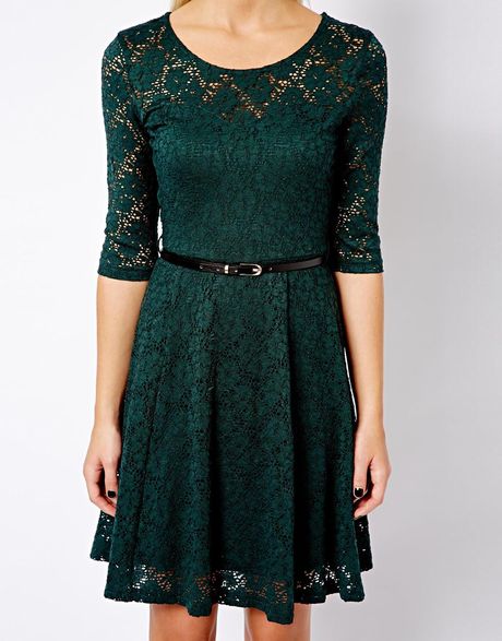 Asos New Look 3/4 Lace Skater Dress in Green (Darkgreen) | Lyst