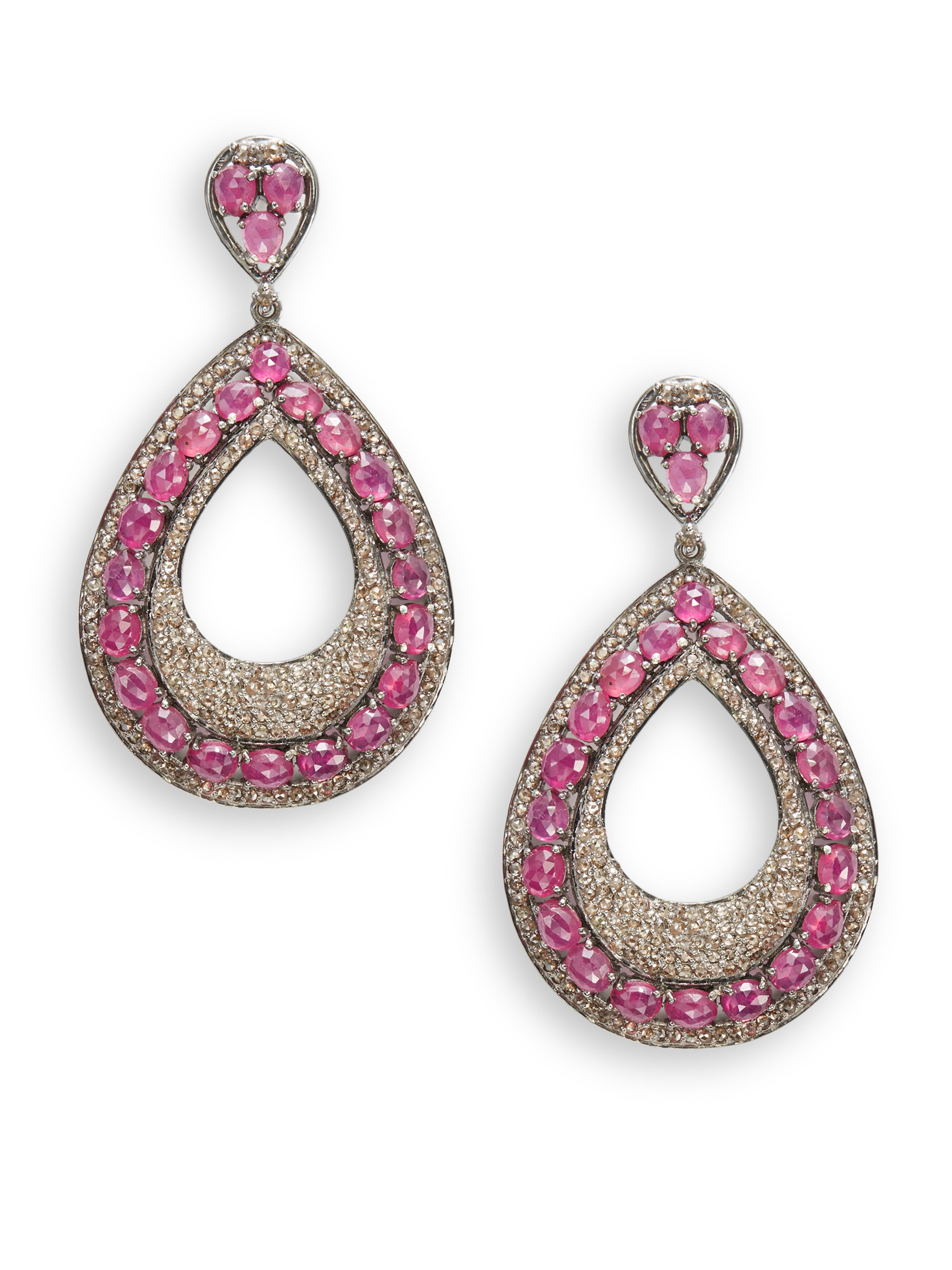 Lyst Bavna Faceted Ruby Pave Diamond Drop Earrings In Pink Gallery