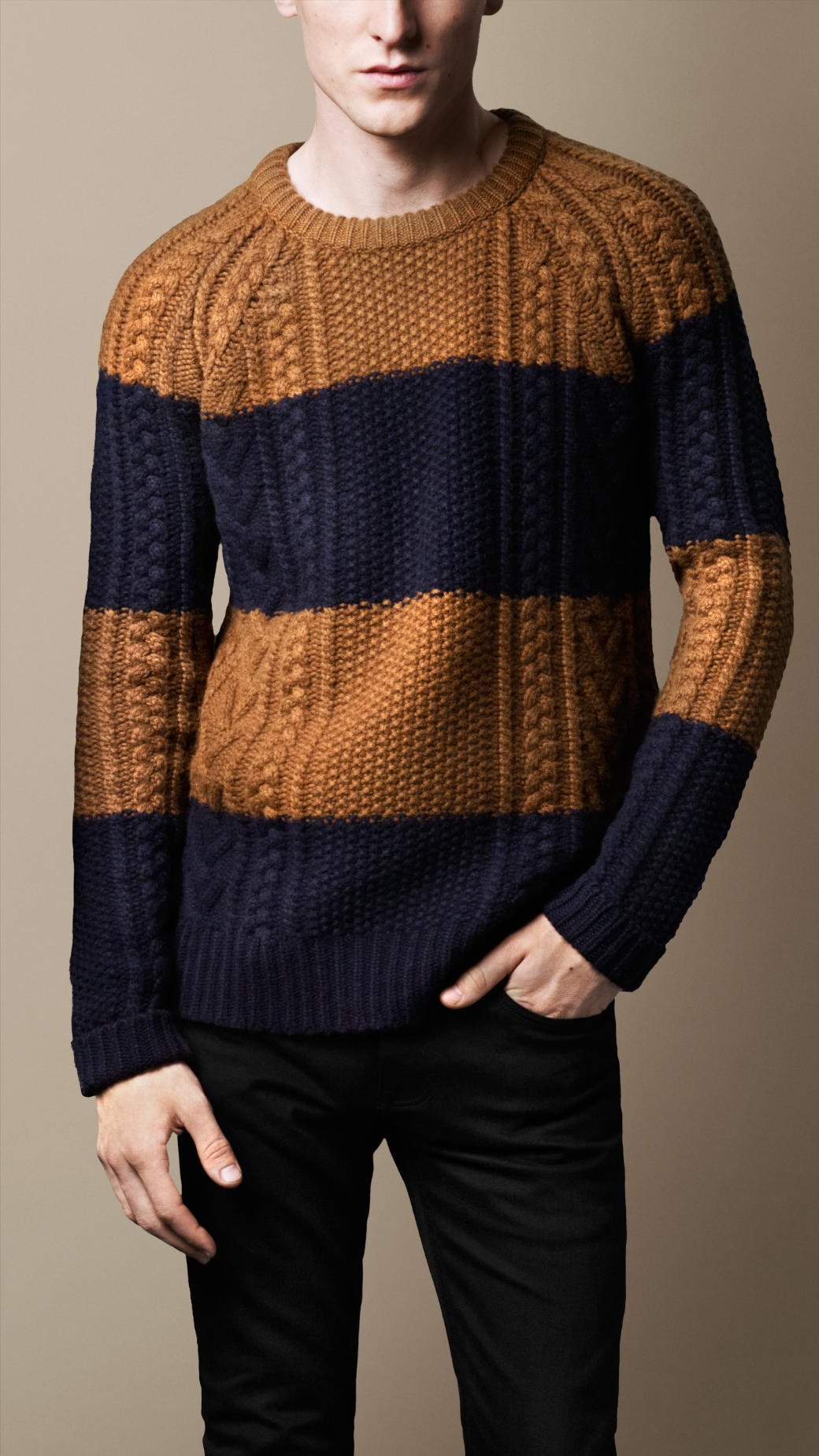 Burberry Block Stripe Cable Knit Sweater in Brown for Men - Lyst