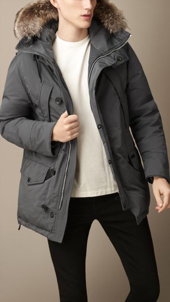 Burberry Downfilled Technical Parka with Fur Trim in Gray for Men (mid ...
