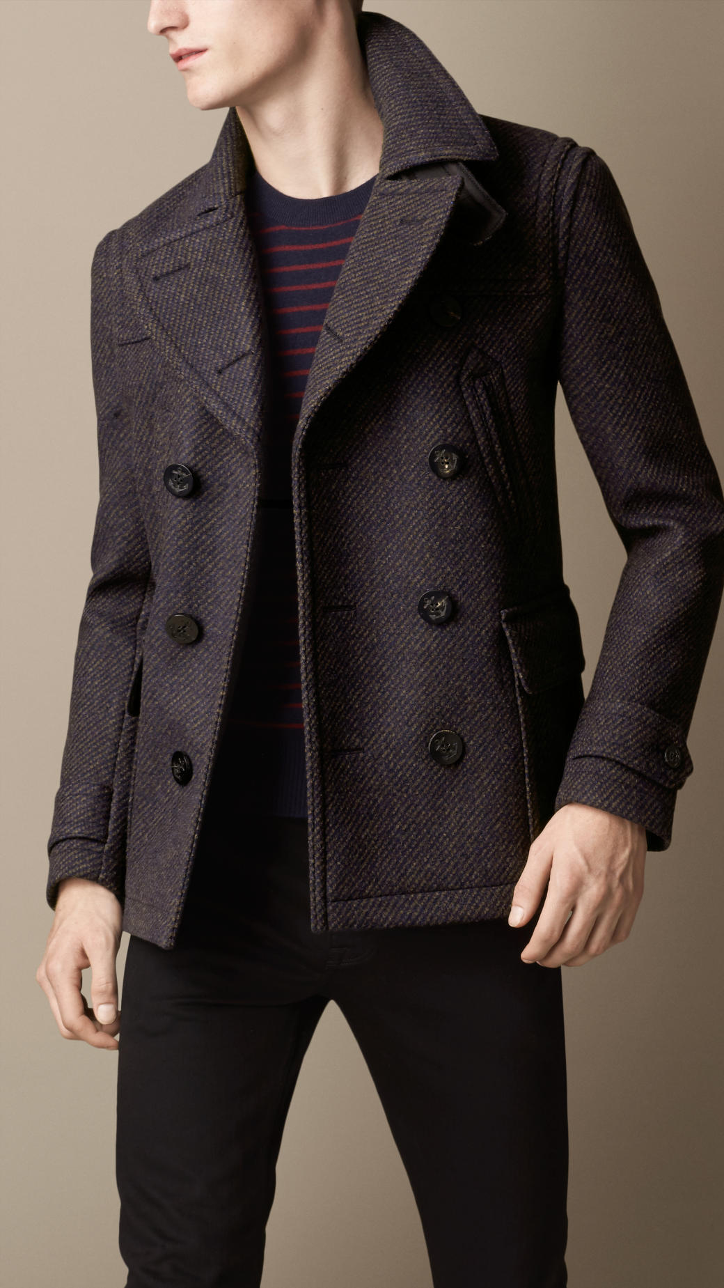 Lyst - Burberry Wool Twill Pea Coat with Leather Undercollar in Blue ...