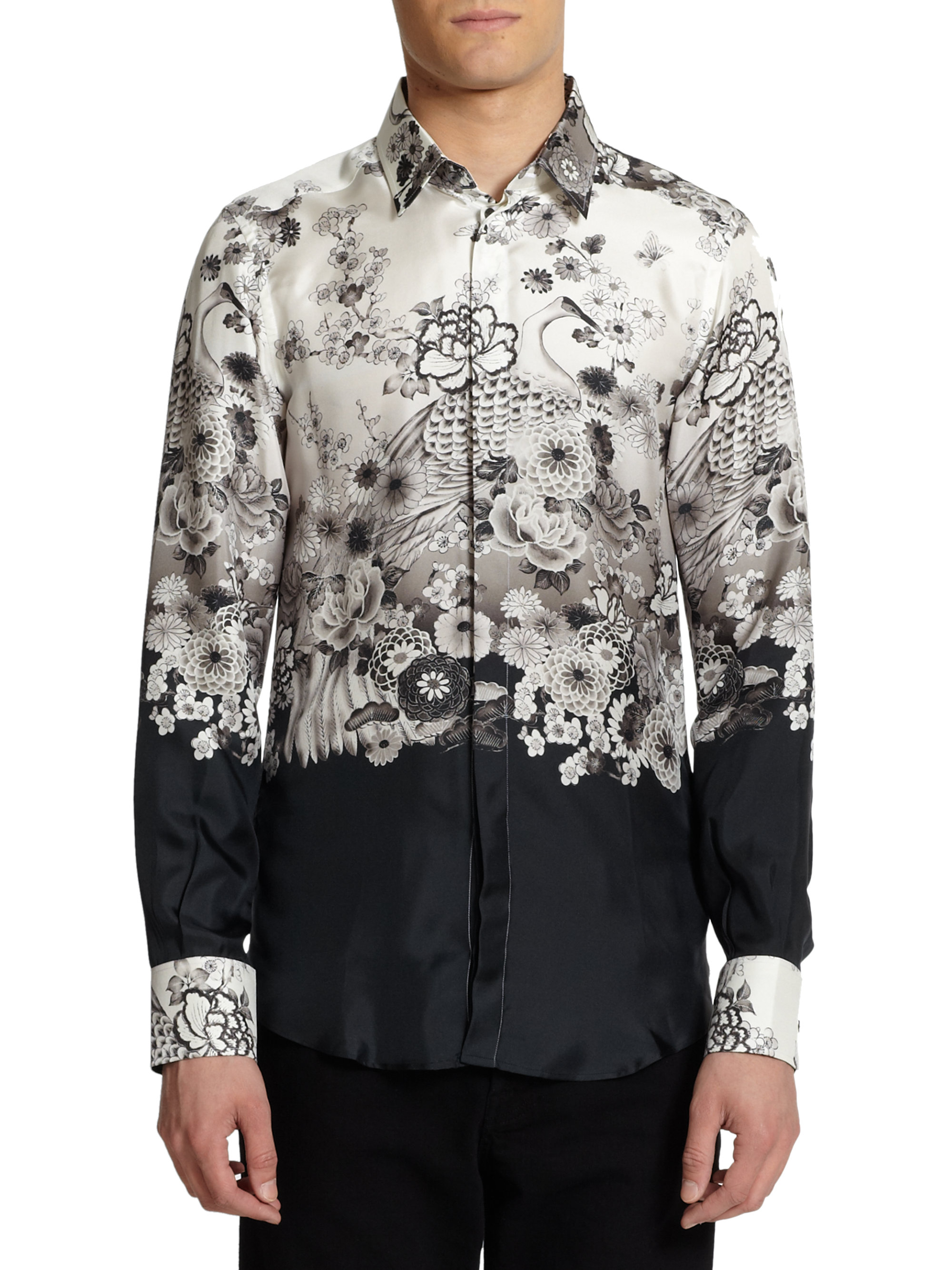 Dolce & Gabbana Crane Print Silk Button Front Shirt in Black White ...
