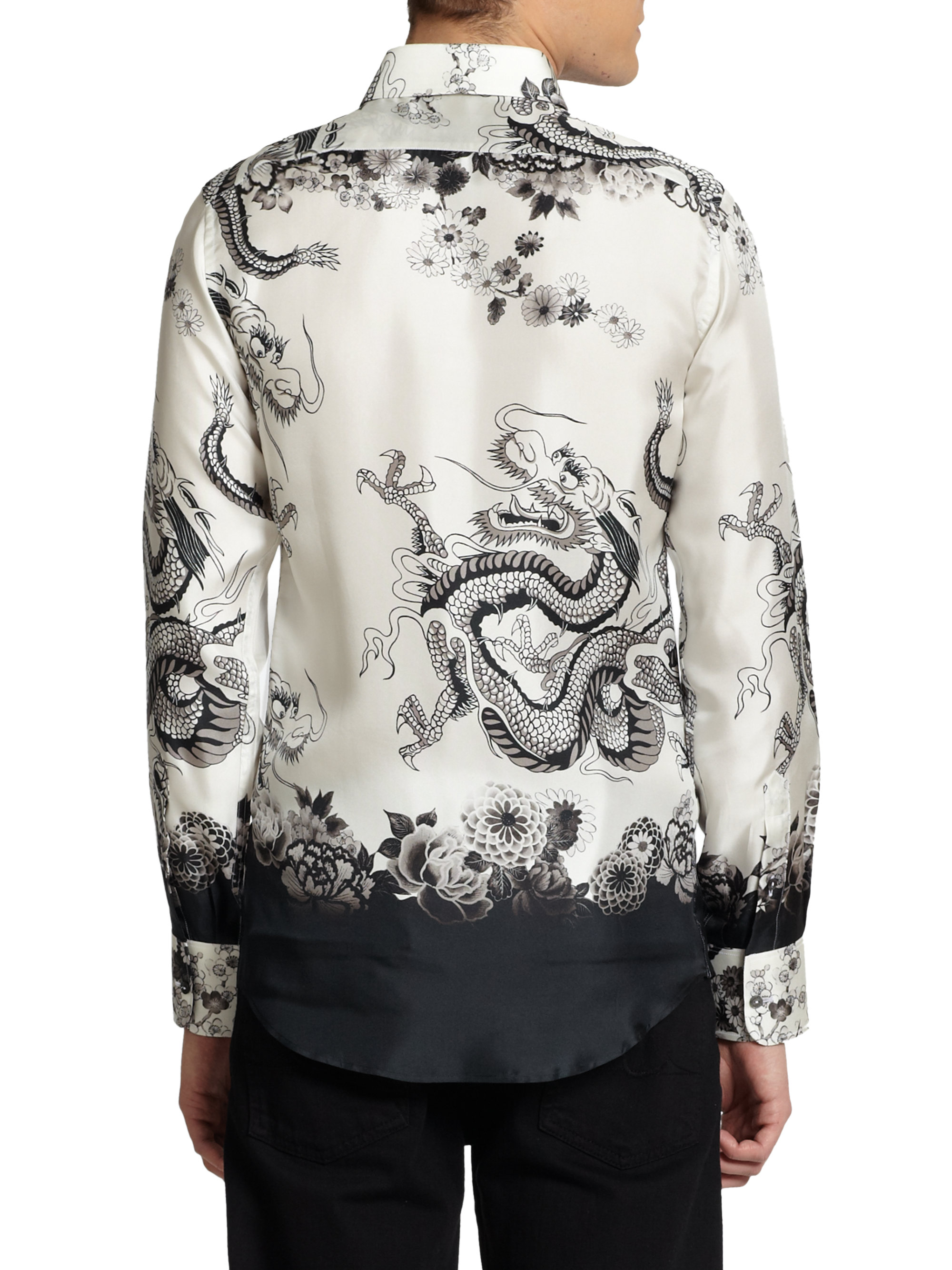 Dolce & Gabbana Dragon Print Silk Button Front Shirt in Black White ...