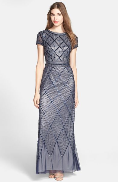 Adrianna Papell Beaded Mesh Gown in Blue (Navy/ Silver) | Lyst