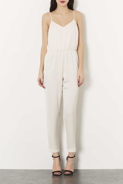 Topshop Petite Strappy V Waist Jumpsuit in White (Nude) | Lyst