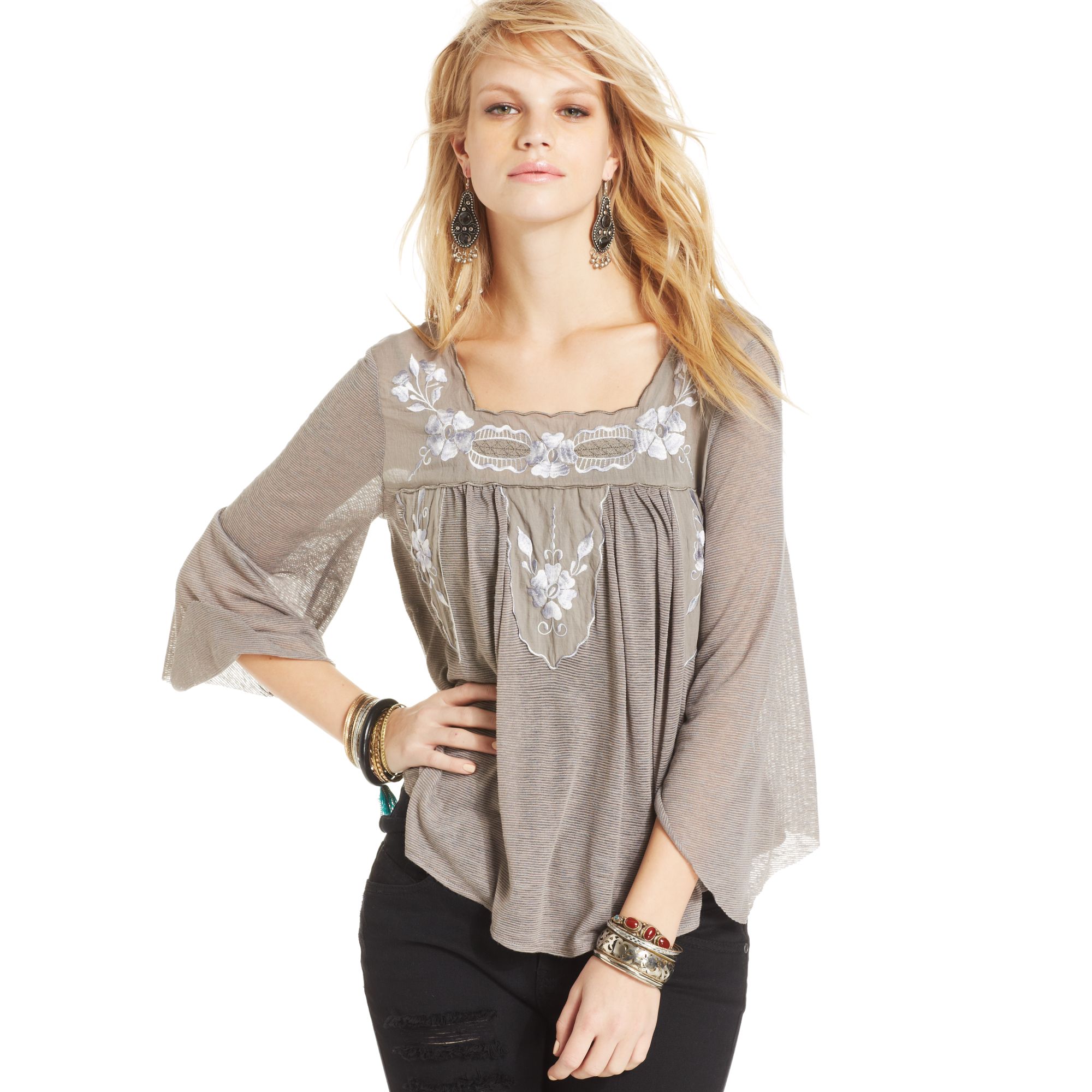 Free People Threequartersleeve Embroidered Ruffled Peasant Top in Gray