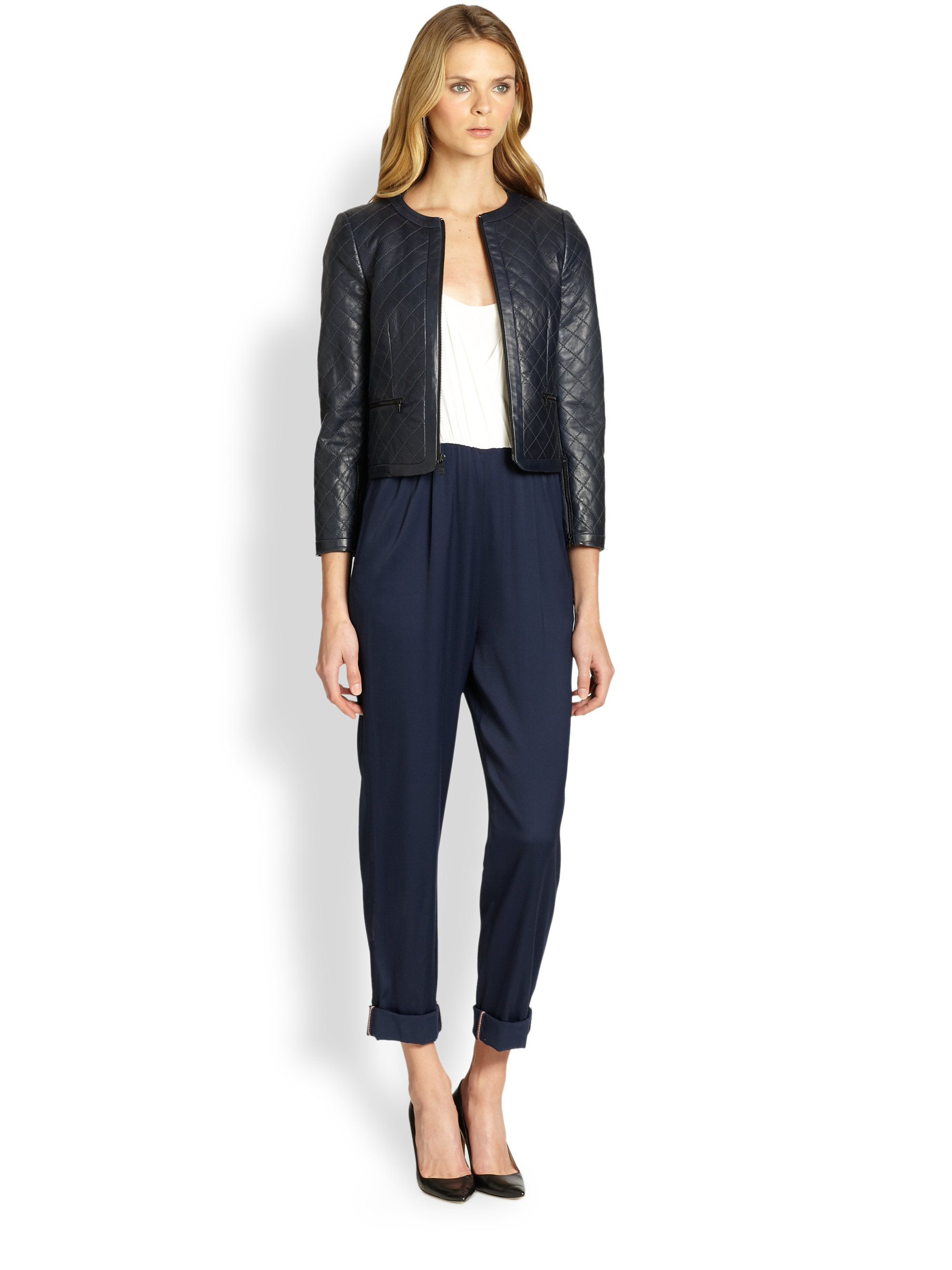 Alice Olivia Quilted Leather Jacket In Blue Lyst Gallery
