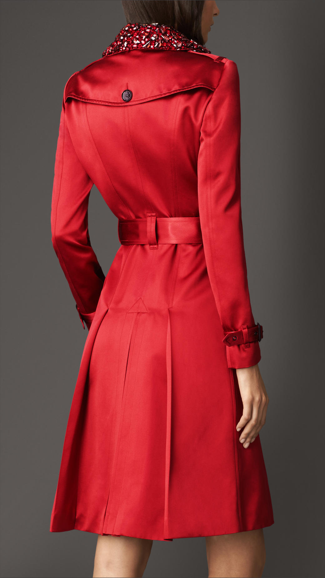 Burberry Long Gem Collar Satin Trench Coat in Red - Lyst