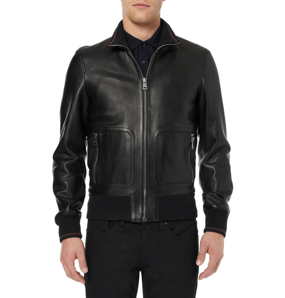 Gucci Nappa Leather And Web Trimmed Bomber Jacket in Black for Men - Lyst