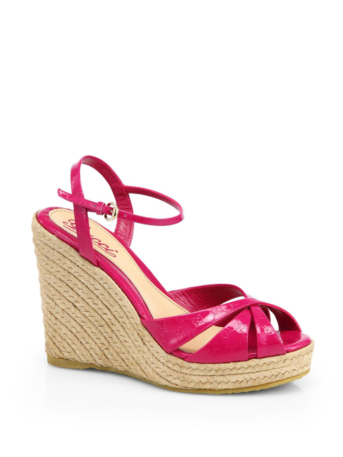 Lyst - Gucci Penelope Logo Patent Leather Espadrille Wedge Sandals in Pink