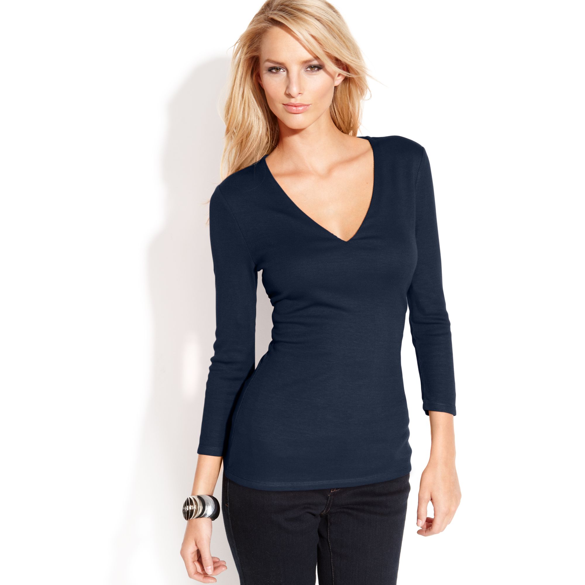 Inc international concepts Petite Ribbed Knit V-Neck Top in Blue | Lyst