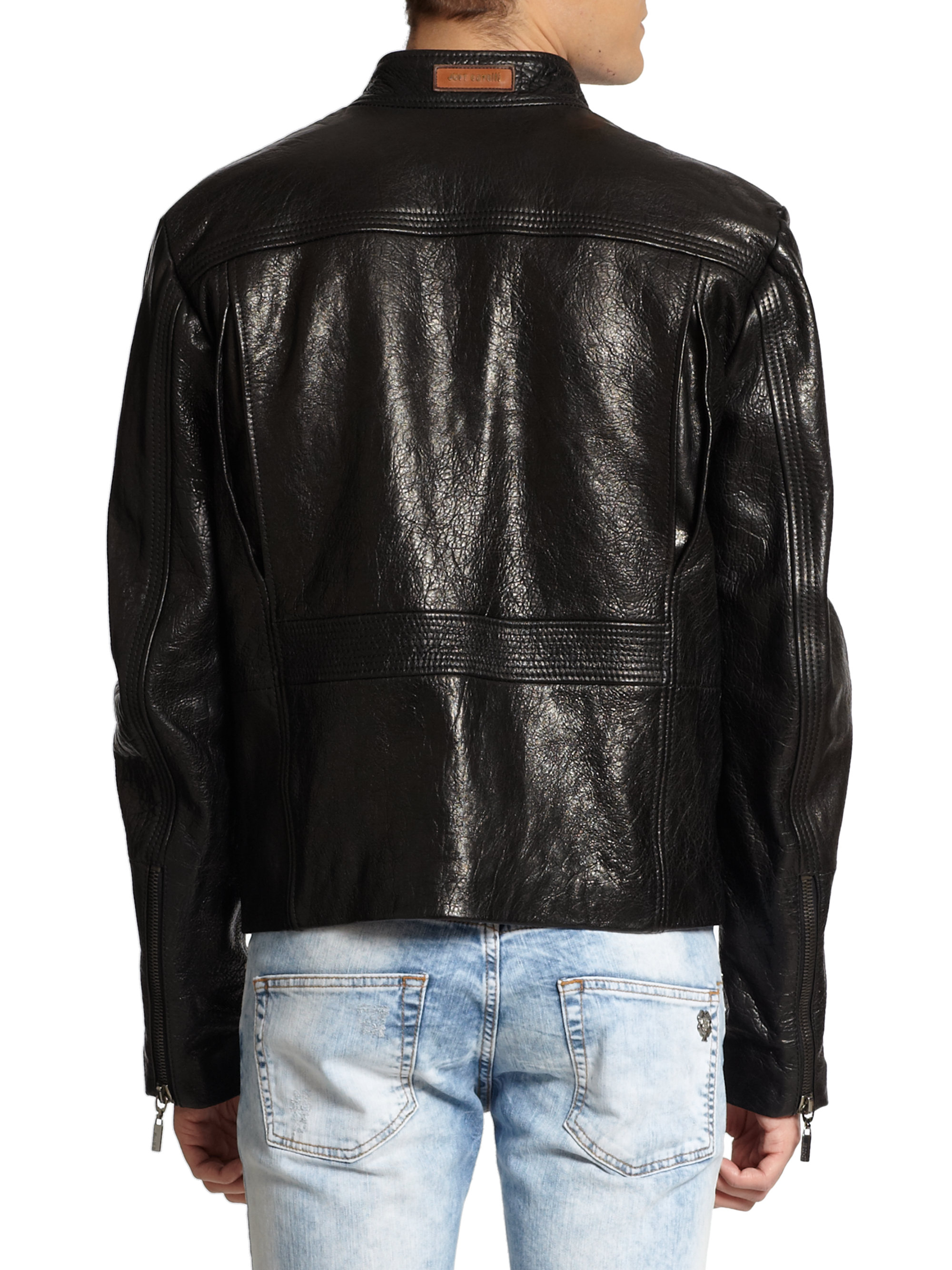 Lyst - Just Cavalli Pebbled Leather Zipfront Jacket in Black for Men
