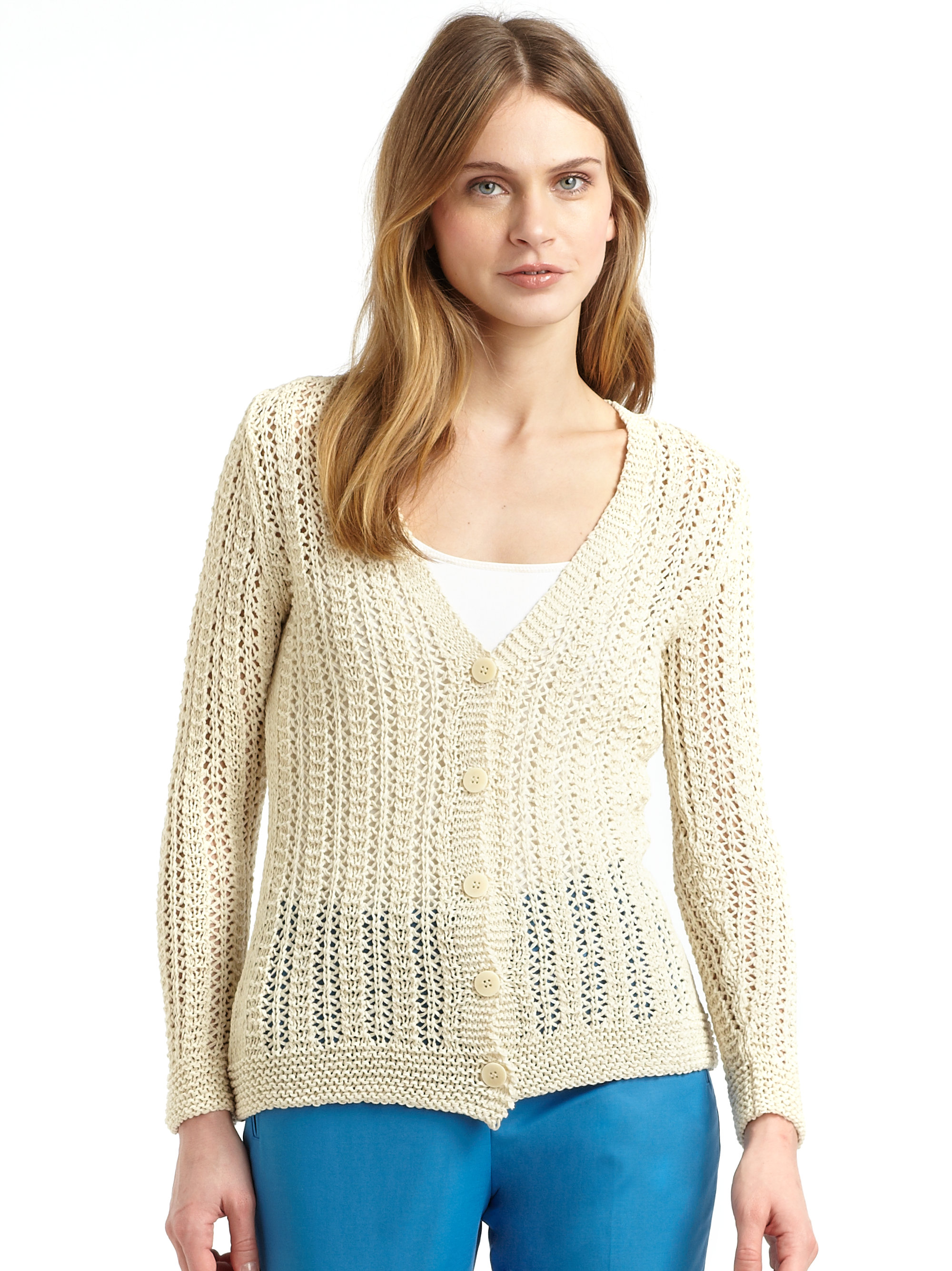 Lafayette 148 new york Open Weave V Neck Cardigan in Beige Lyst
