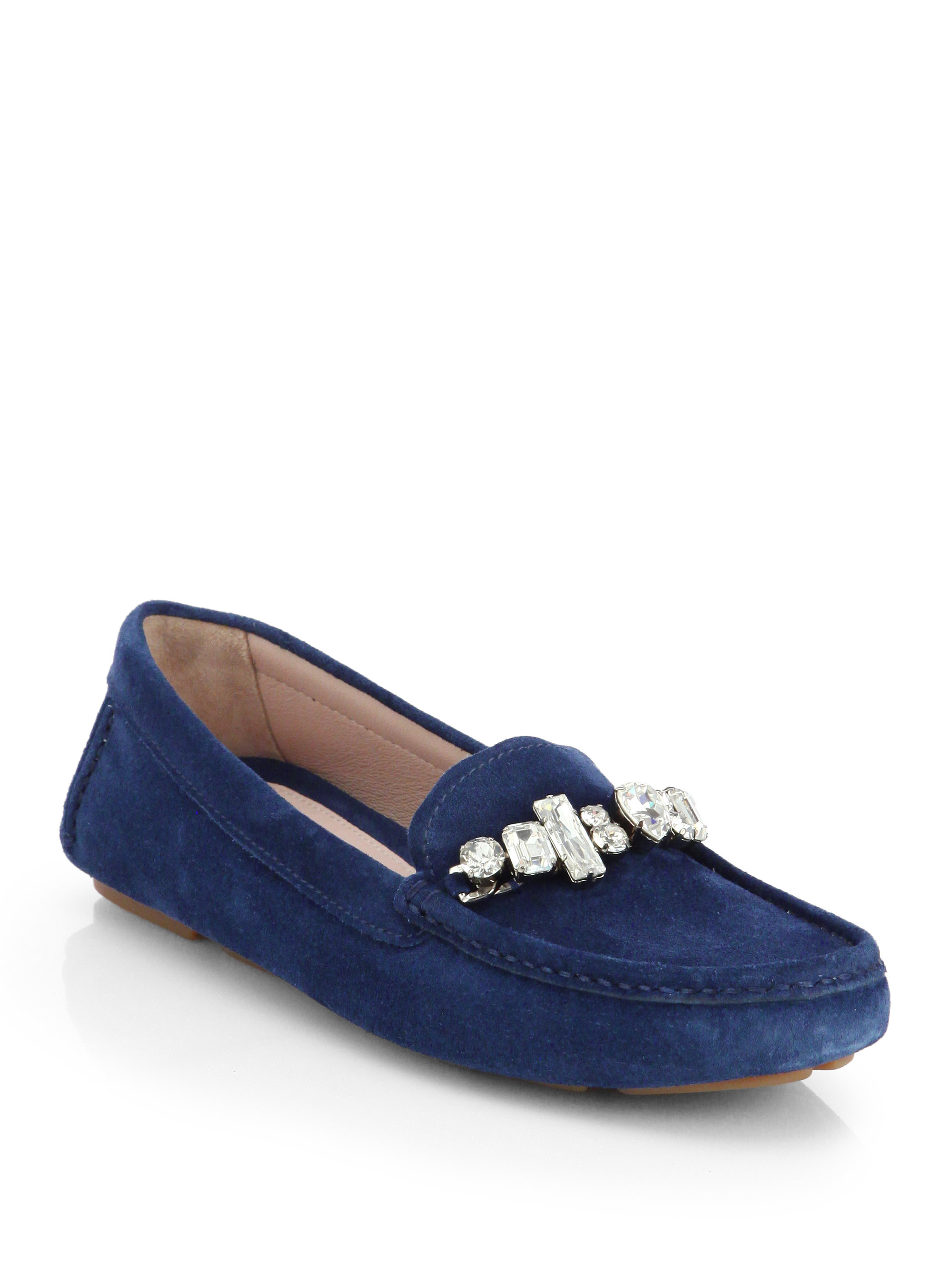 Miu Miu Donna Jeweled Suede Loafers in Blue - Lyst