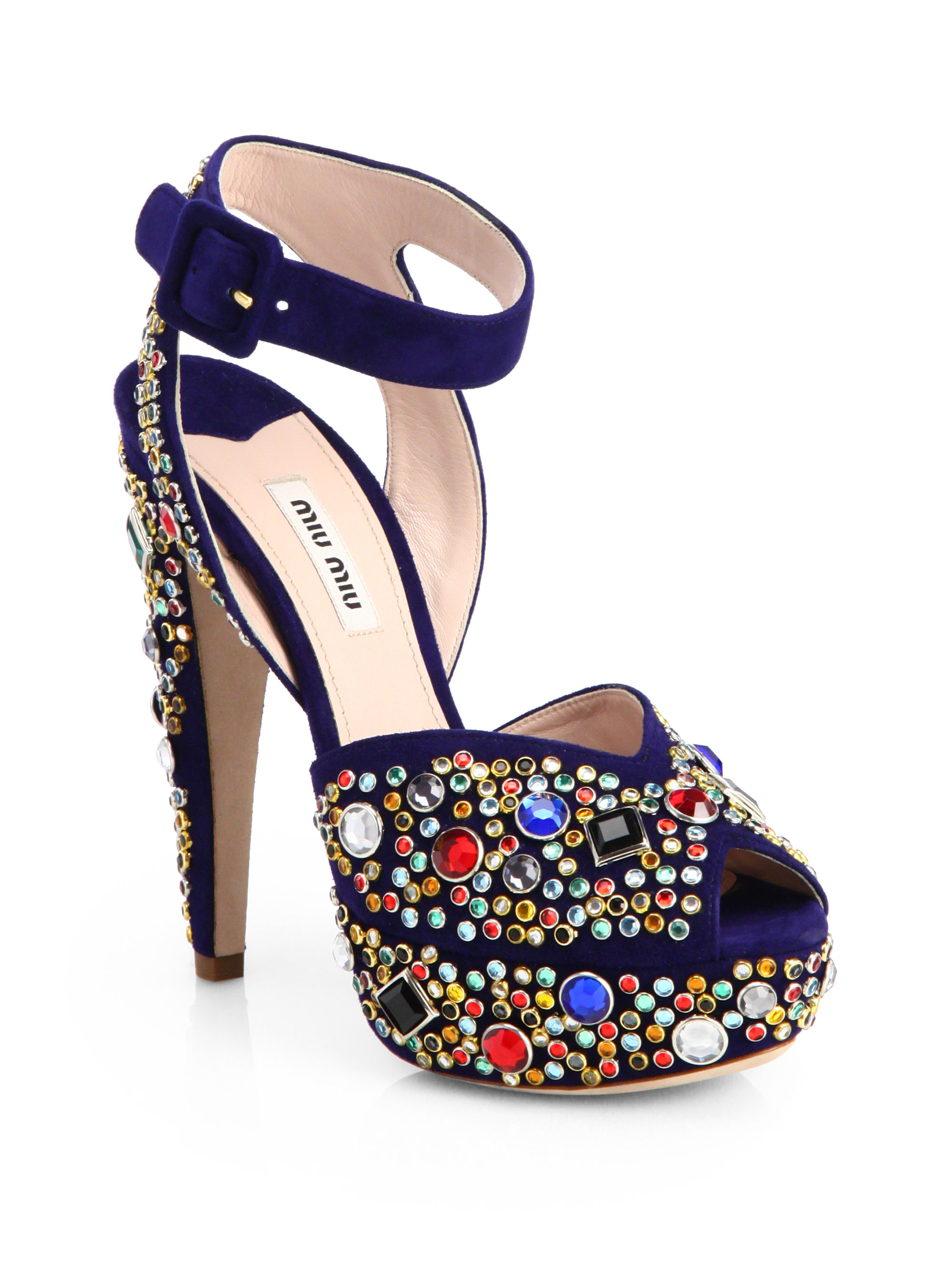 Miu Miu Donna Jeweled Suede Platform Sandals in Blue | Lyst