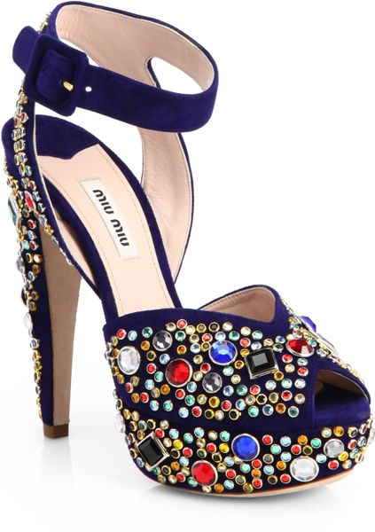Miu Miu Donna Jeweled Suede Platform Sandals in Blue (NAVY MULTI) - Lyst