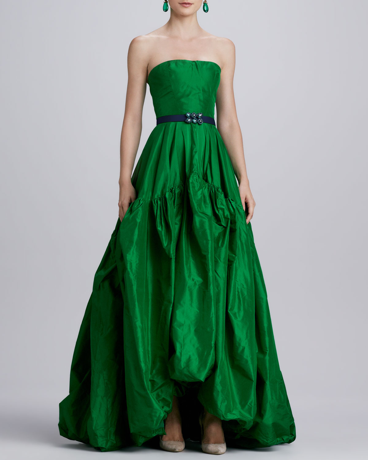 green silk ball gown