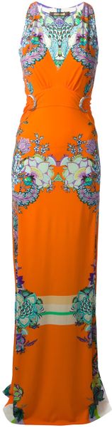 Roberto Cavalli Floral Print Maxi Dress in Orange (multicolour) | Lyst