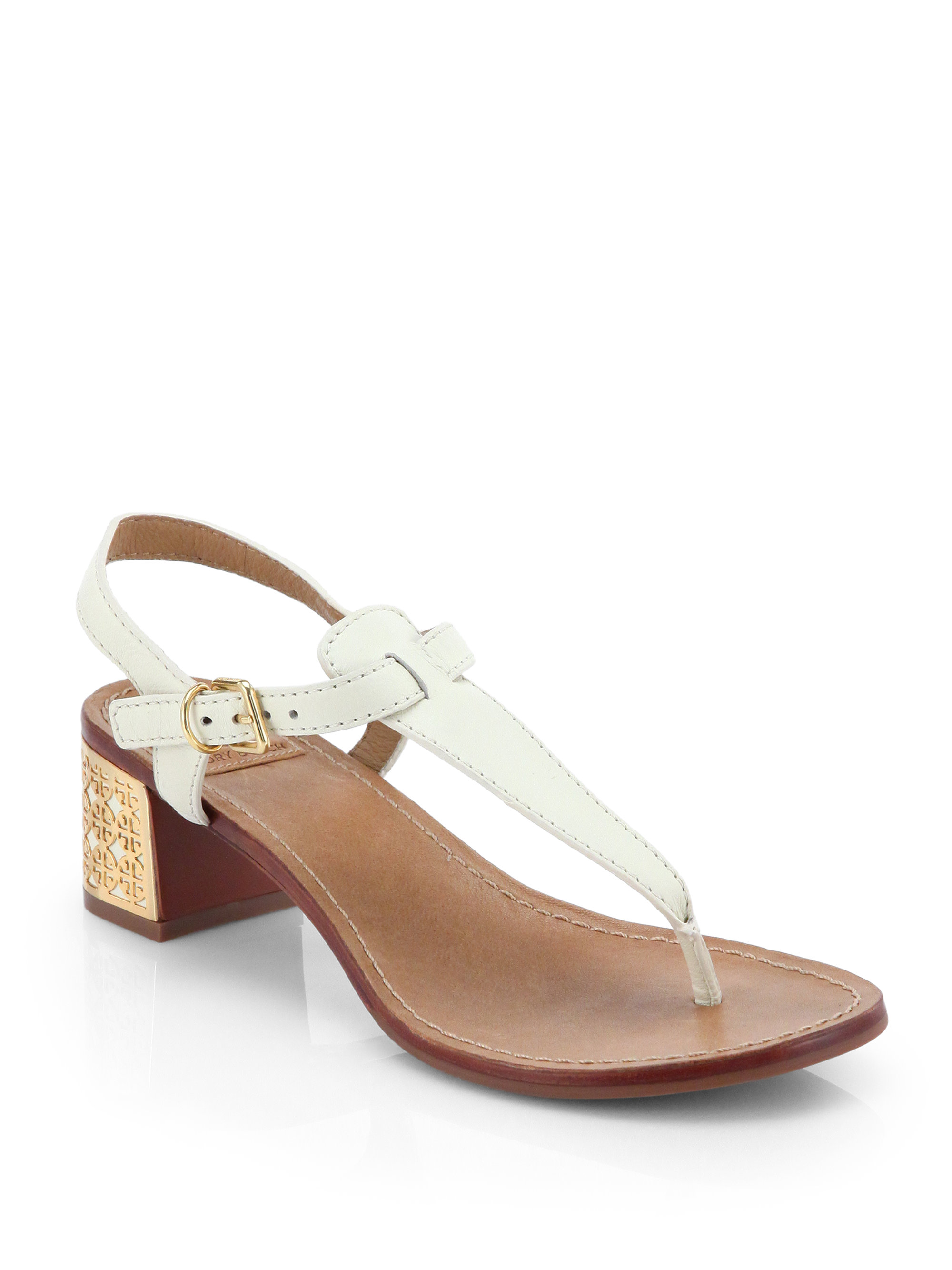 Lyst - Tory Burch Audra Logo Heel Leather Sandals in Natural